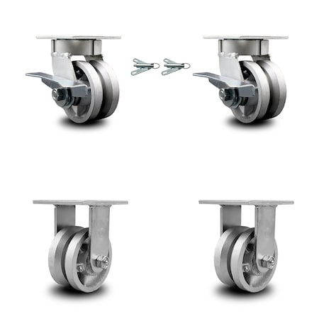 Service Caster 4 Inch Kingpinless V Groove Semi Steel Caster Brake & Swivel Locks 2 Rigid, 2PK SCC-KP30S420-VGR-SLB-BSL-2-R-2
